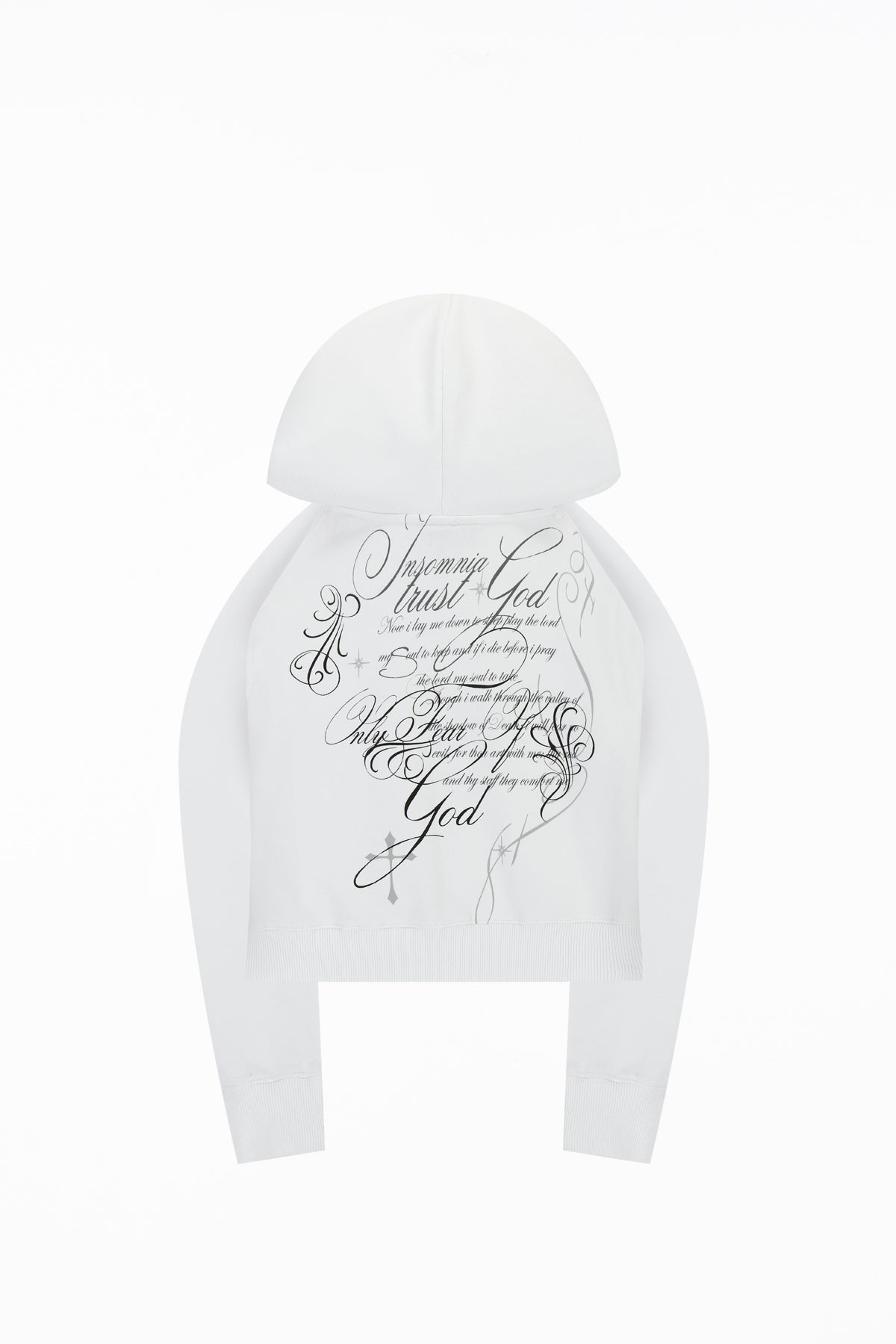 Women's white cropped hoodie with hood, zip front and script graphic prints
