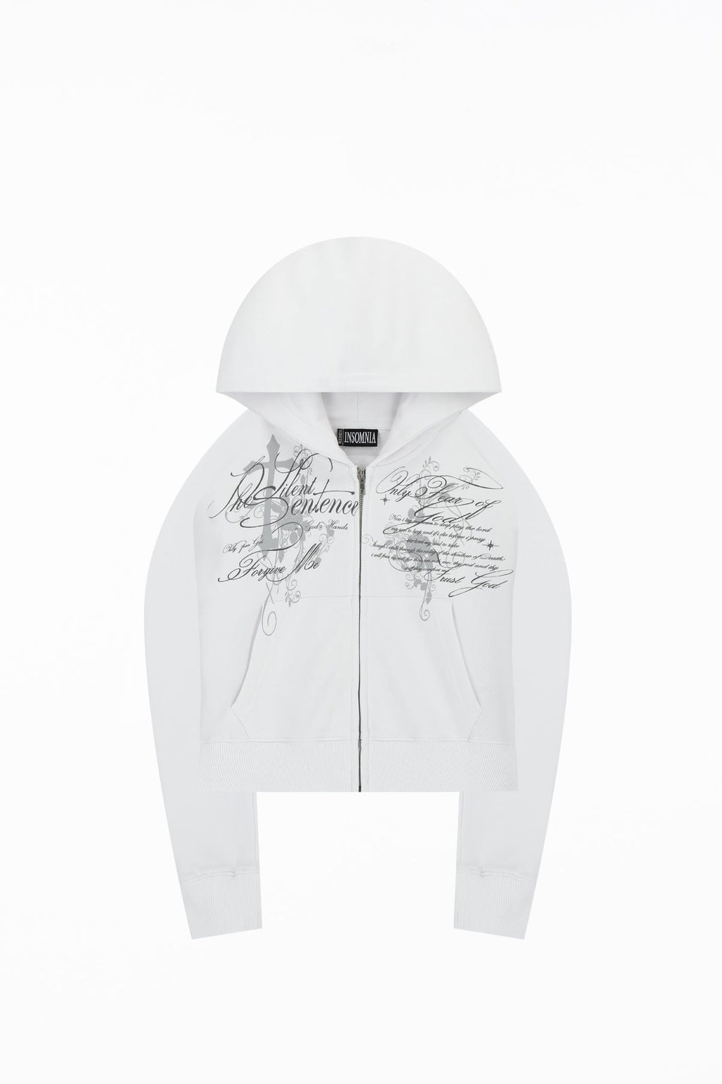 Women's white cropped hoodie with hood, zip front and script graphic prints