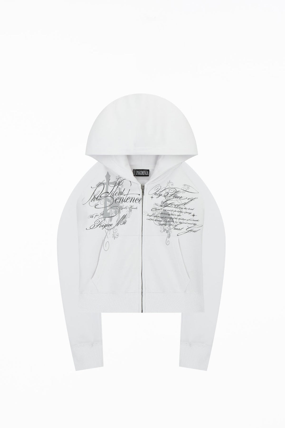 Women's white cropped hoodie with hood, zip front and script graphic prints