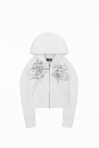 Women's white cropped hoodie with hood, zip front and script graphic prints