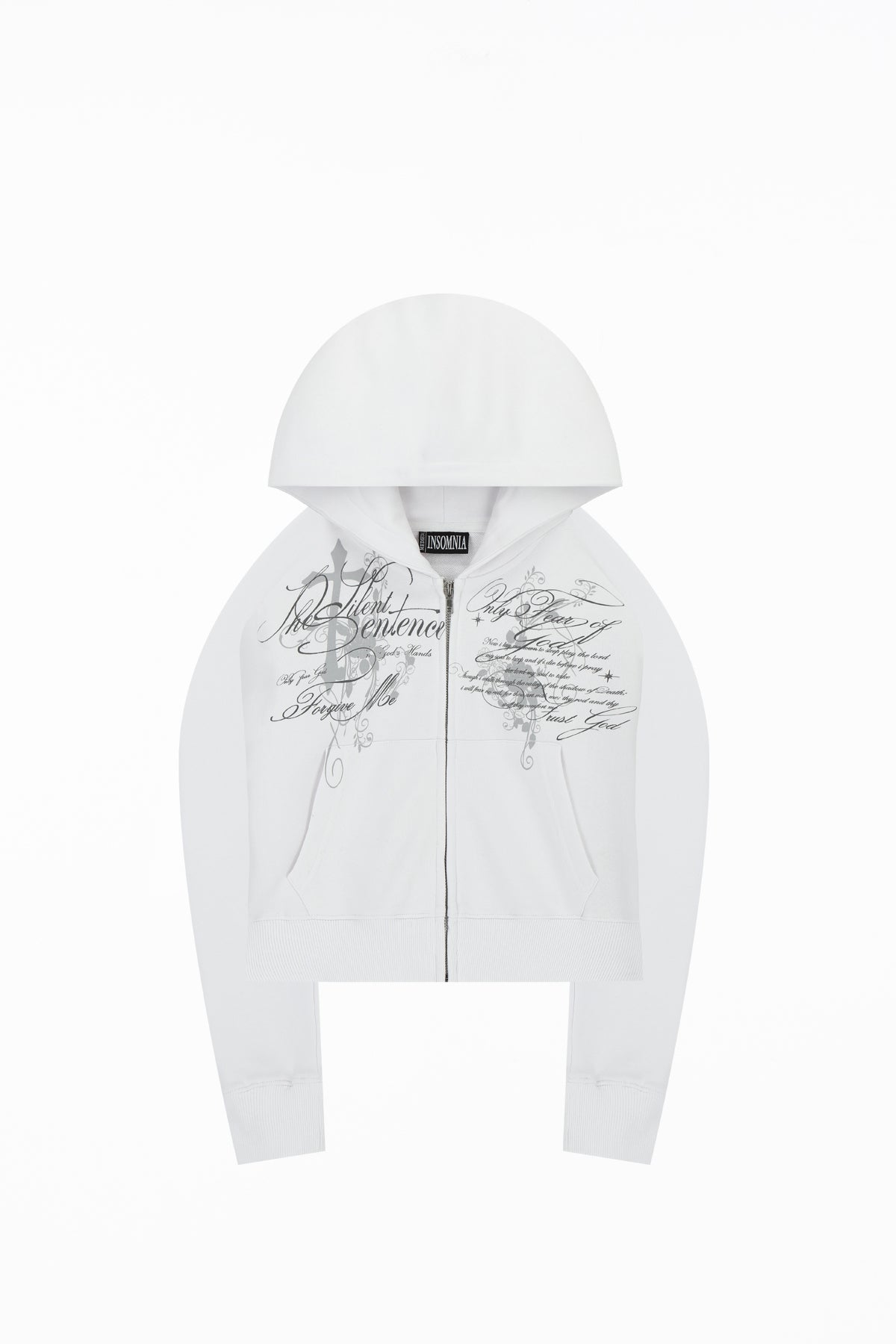 Women's white cropped hoodie with hood, zip front and script graphic prints