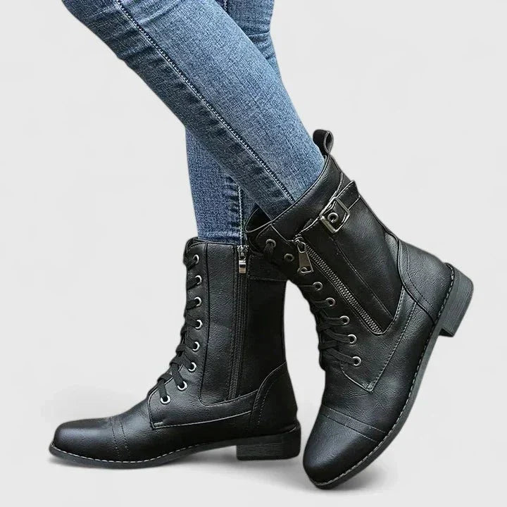 Women's lace-up ankle boots with side zipper and low heel