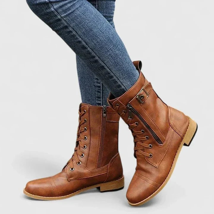 Women's lace-up ankle boots with side zipper and low heel
