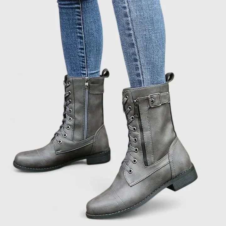 Women's lace-up ankle boots with side zipper and low heel