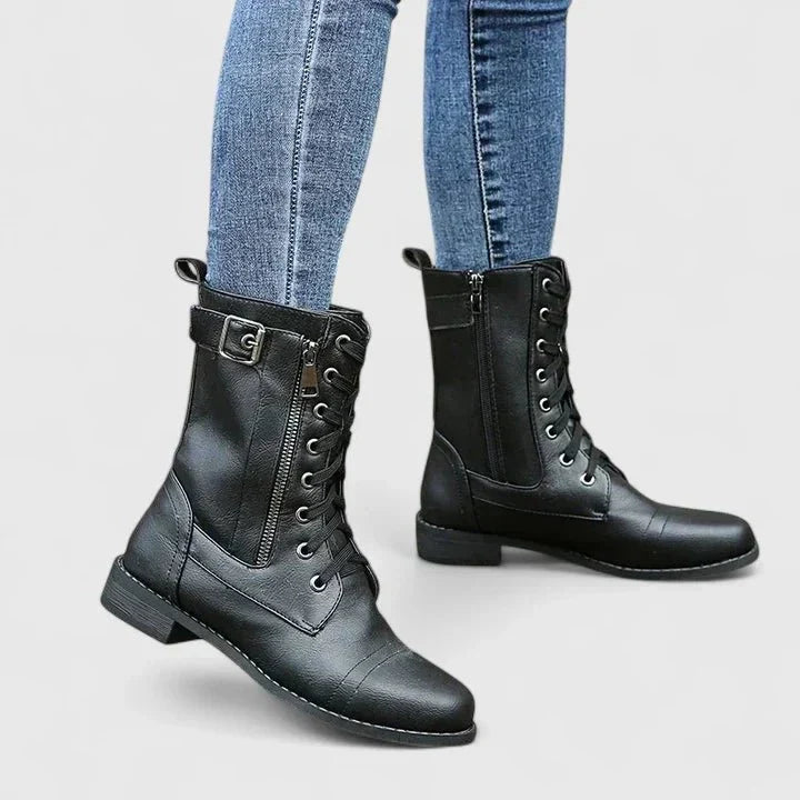 Women's lace-up ankle boots with side zipper and low heel