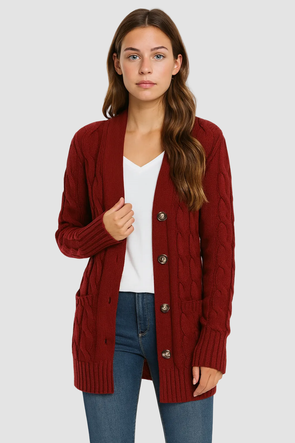 Women's cable knit V-neck cardigan with buttons and patch pockets