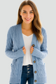 Women's cable knit V-neck cardigan with buttons and patch pockets