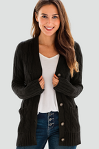 Women's cable knit V-neck cardigan with buttons and patch pockets