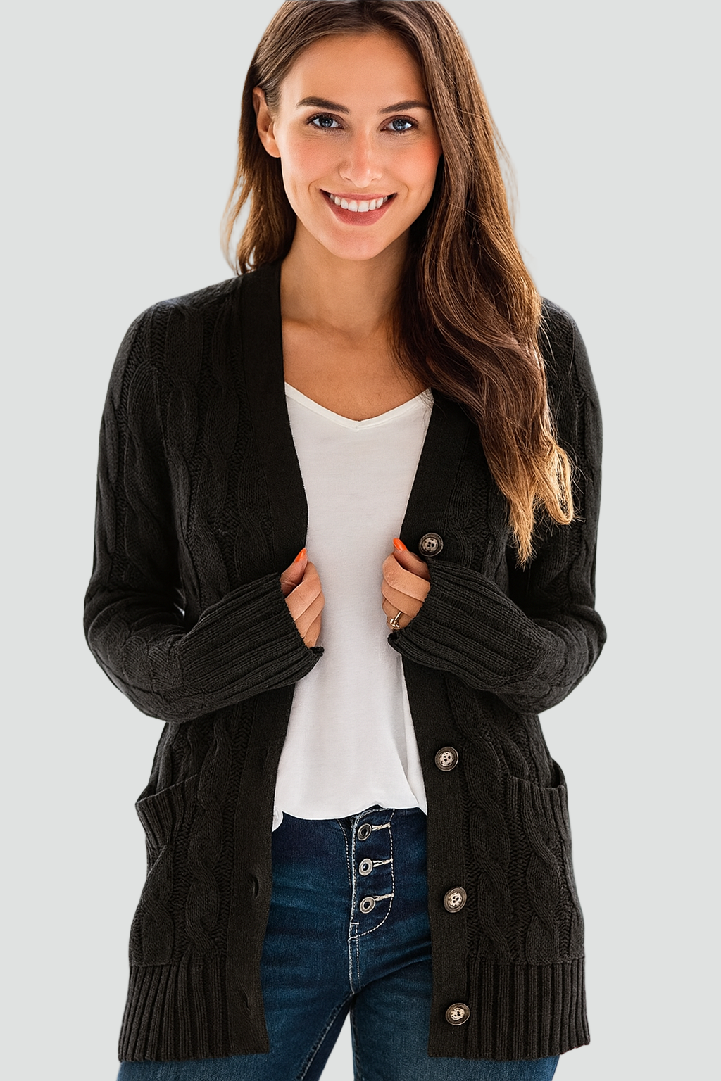 Women's cable knit V-neck cardigan with buttons and patch pockets