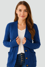 Women's cable knit V-neck cardigan with buttons and patch pockets
