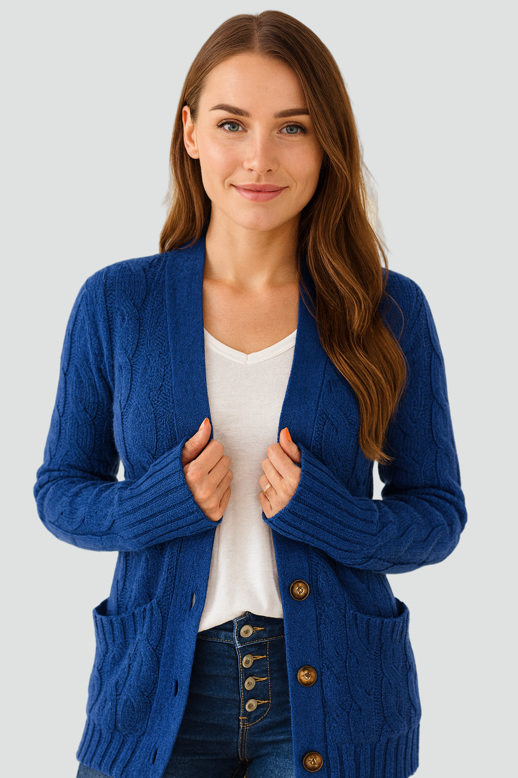 Women's cable knit V-neck cardigan with buttons and patch pockets