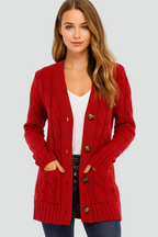 Women's cable knit V-neck cardigan with buttons and patch pockets