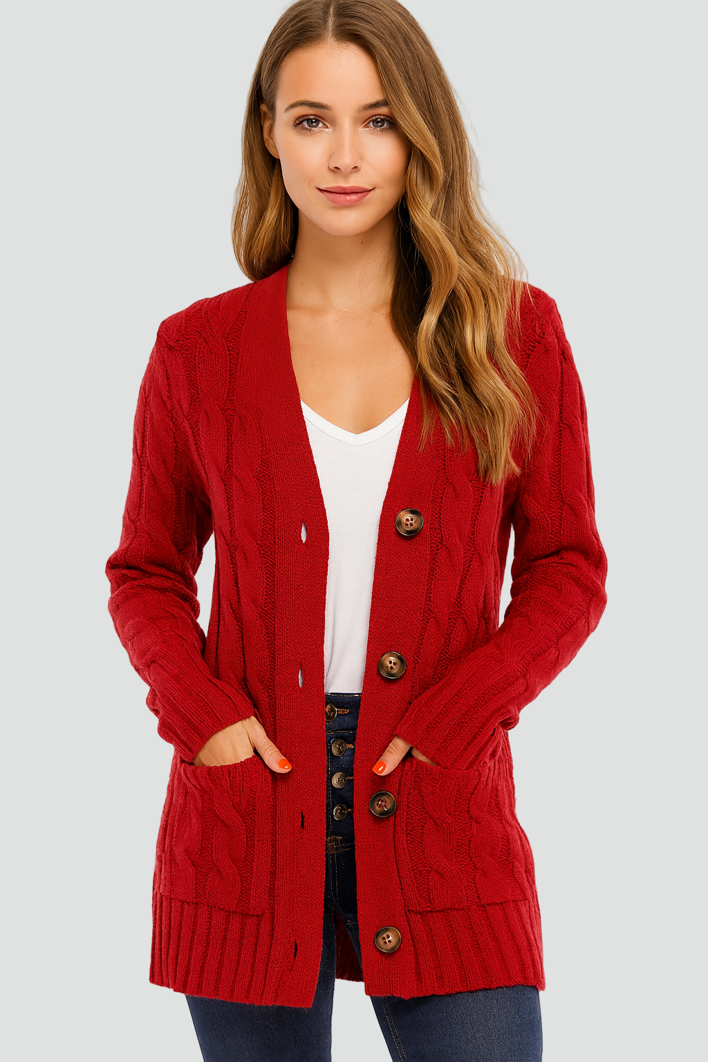 Women's cable knit V-neck cardigan with buttons and patch pockets