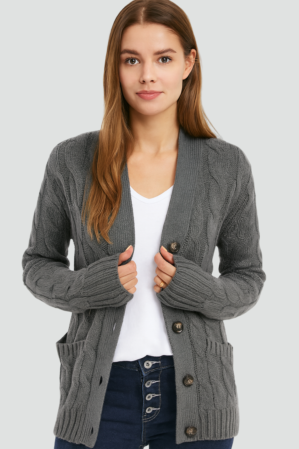 Women's cable knit V-neck cardigan with buttons and patch pockets