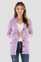 Women's cable knit V-neck cardigan with buttons and patch pockets