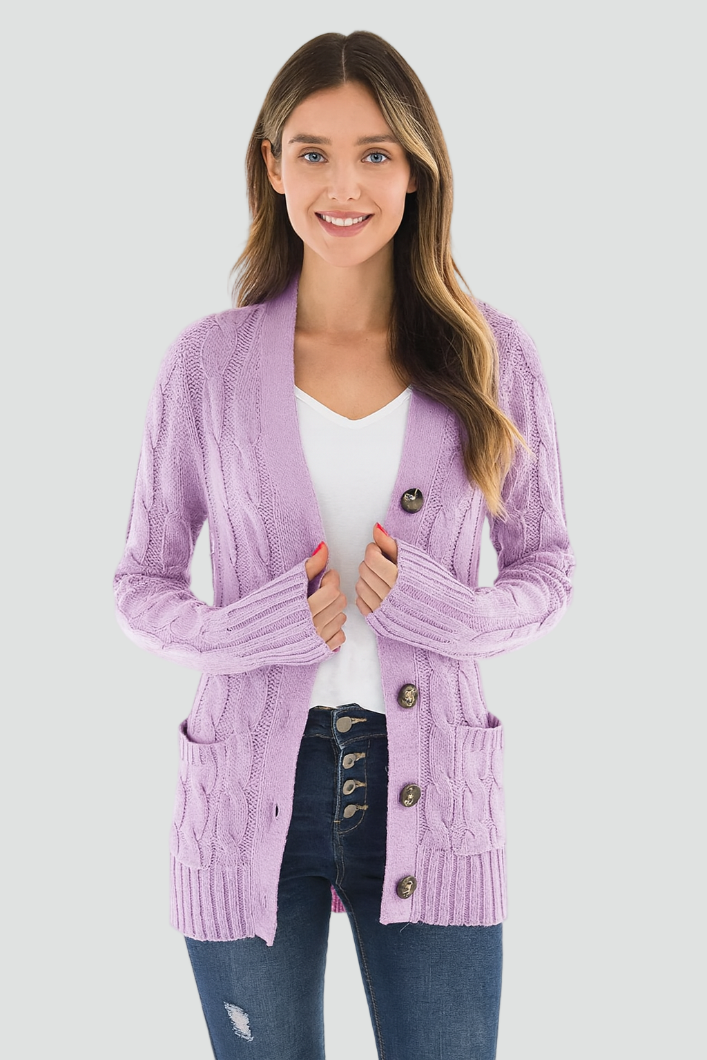 Women's cable knit V-neck cardigan with buttons and patch pockets