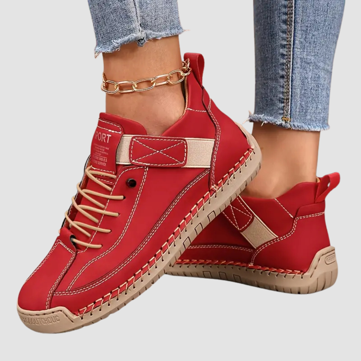 Women's lace-up casual sneakers with ankle strap and stitched panels