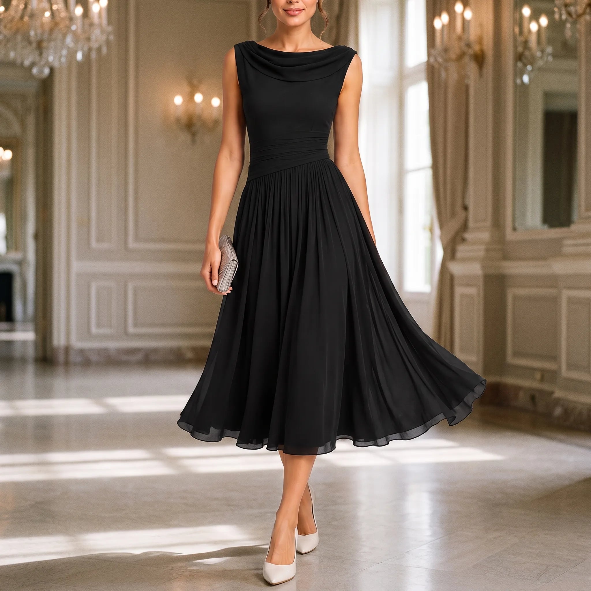 Midelle  - Sleeveless Pleated Cocktail Midi Dress Attending Formal Events
