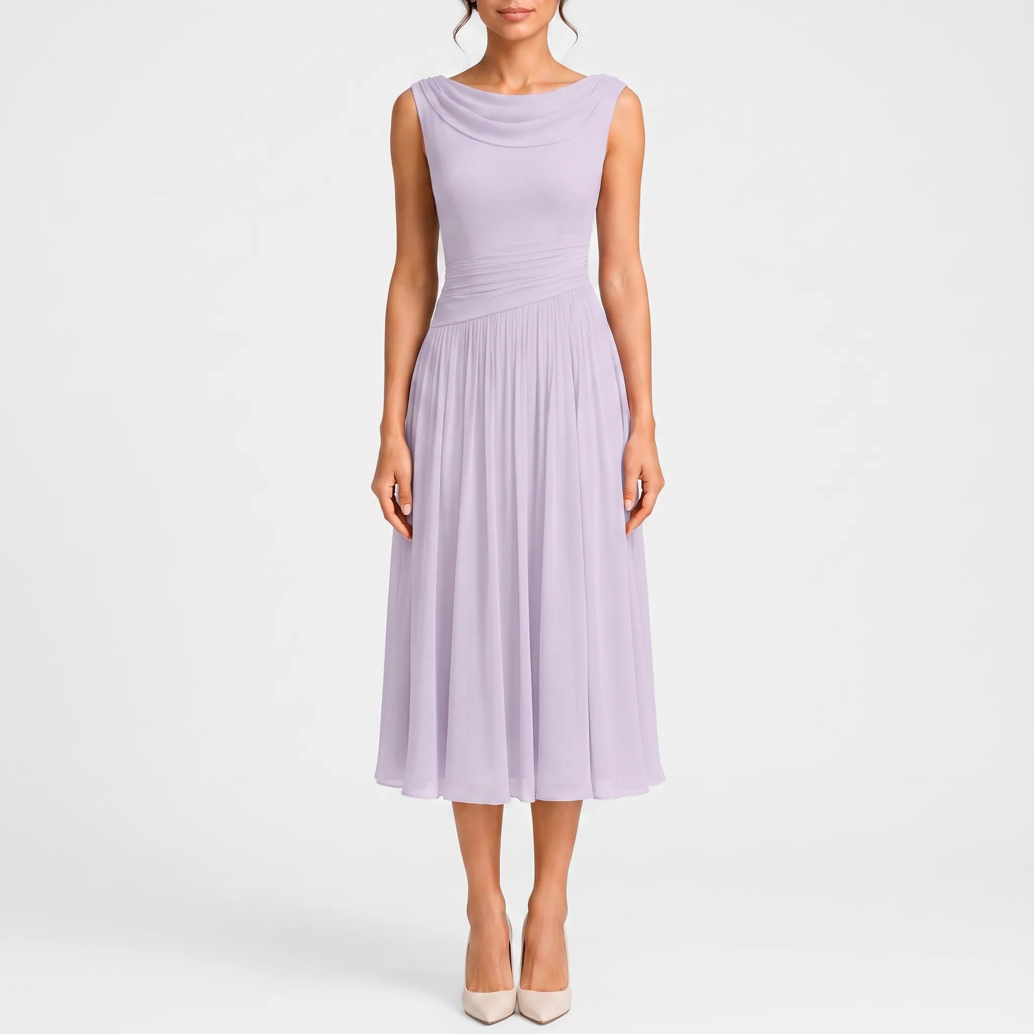 Midelle  - Sleeveless Pleated Cocktail Midi Dress Attending Formal Events