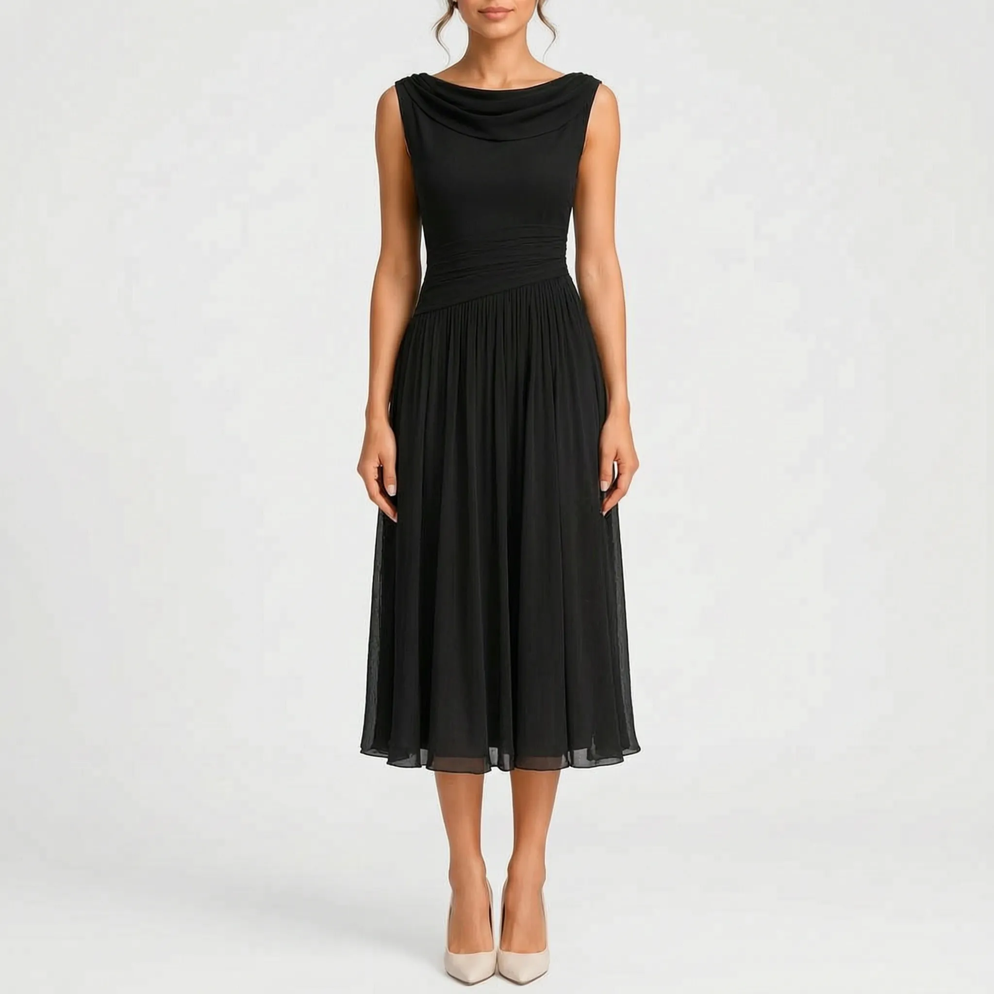 Midelle  - Sleeveless Pleated Cocktail Midi Dress Attending Formal Events
