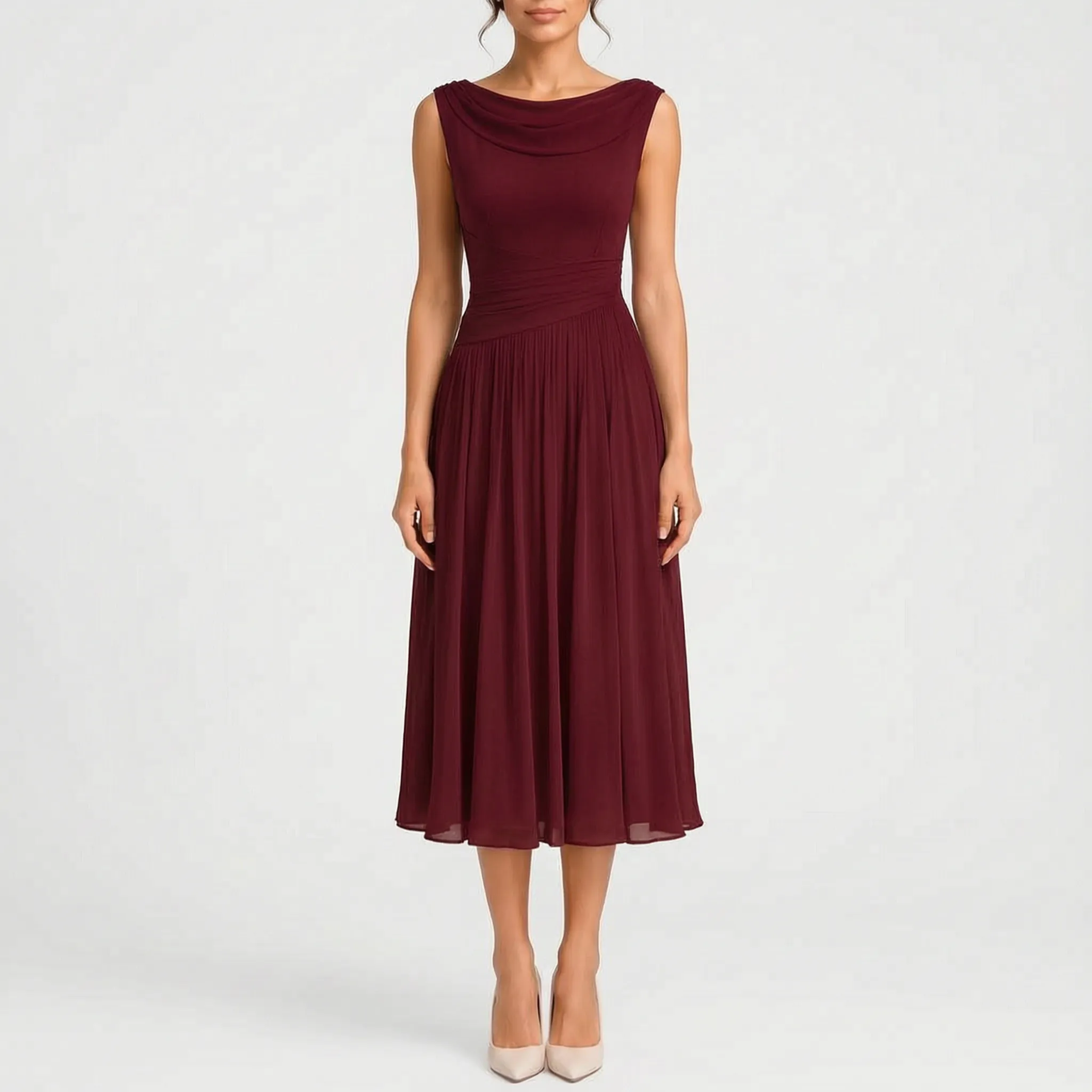 Midelle  - Sleeveless Pleated Cocktail Midi Dress Attending Formal Events