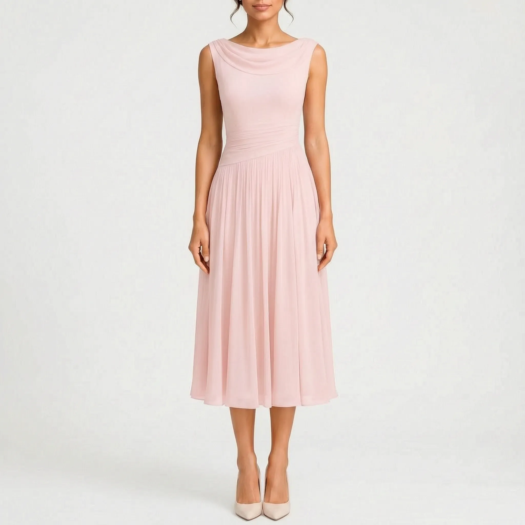 Midelle  - Sleeveless Pleated Cocktail Midi Dress Attending Formal Events