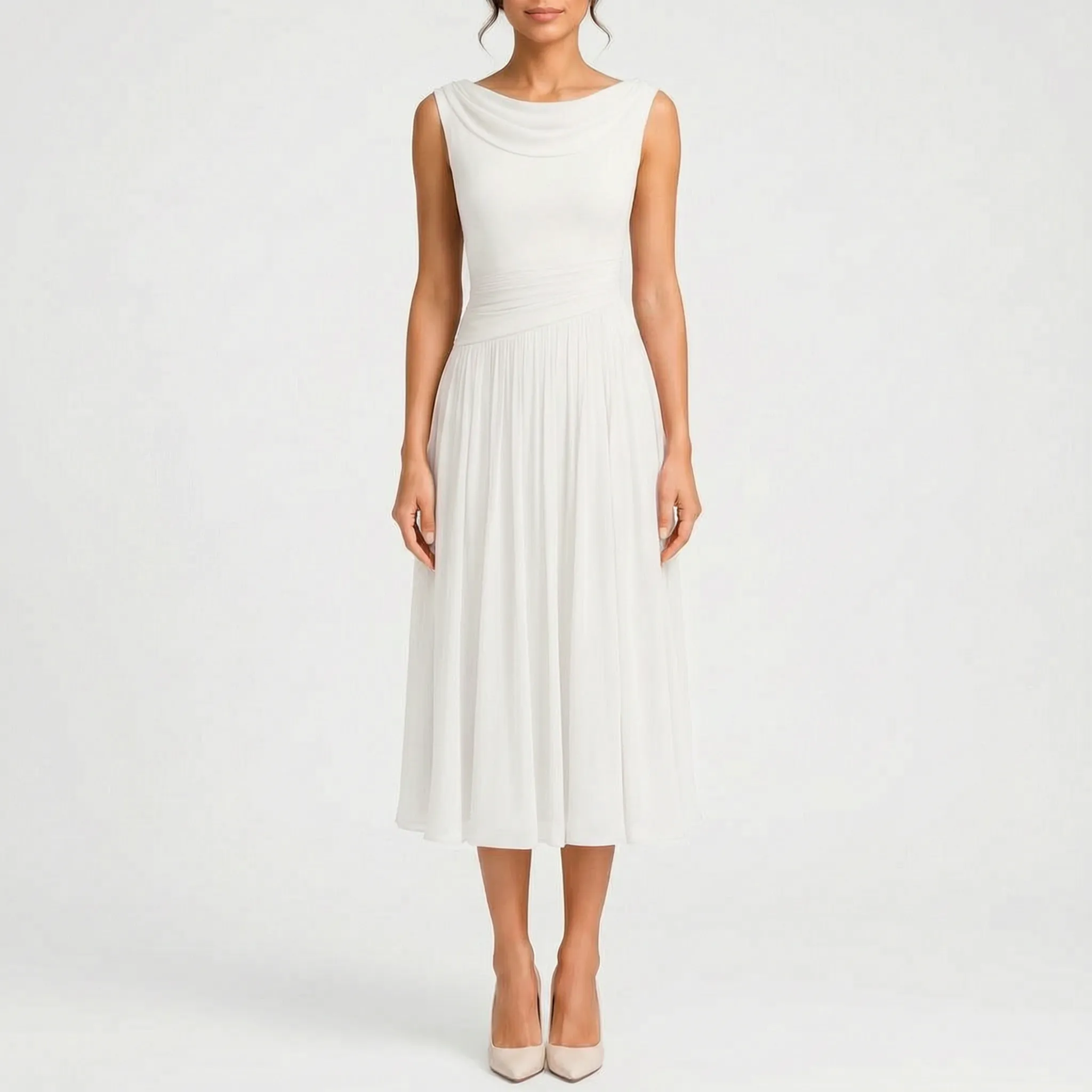 Midelle  - Sleeveless Pleated Cocktail Midi Dress Attending Formal Events