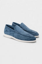 Men's slip-on moc toe loafers with white soles