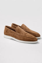Men's slip-on moc toe loafers with white soles