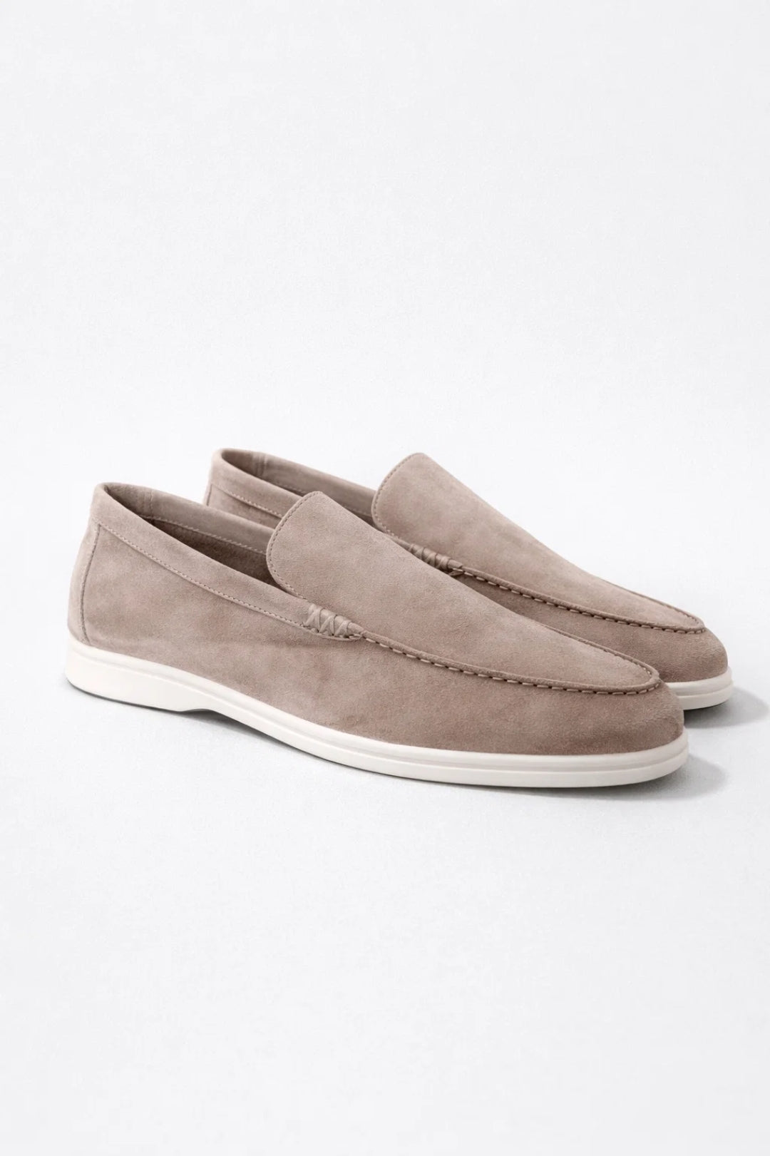 Men's slip-on moc toe loafers with white soles