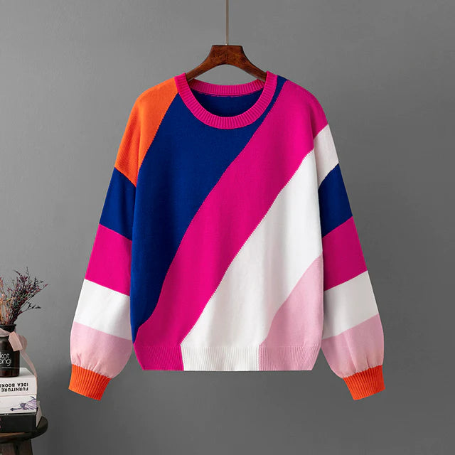 Unisex striped colorblock crew neck sweater with long sleeves