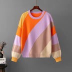 Unisex striped colorblock crew neck sweater with long sleeves