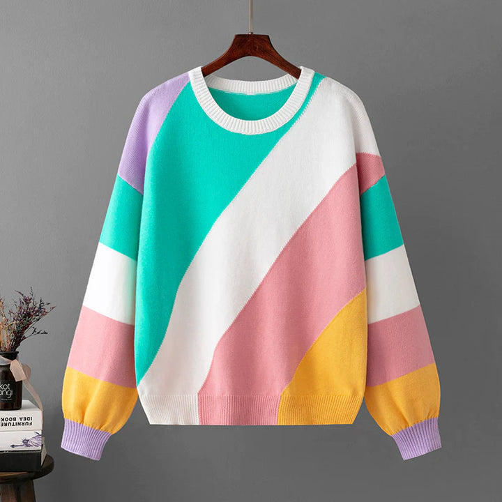 Unisex striped colorblock crew neck sweater with long sleeves