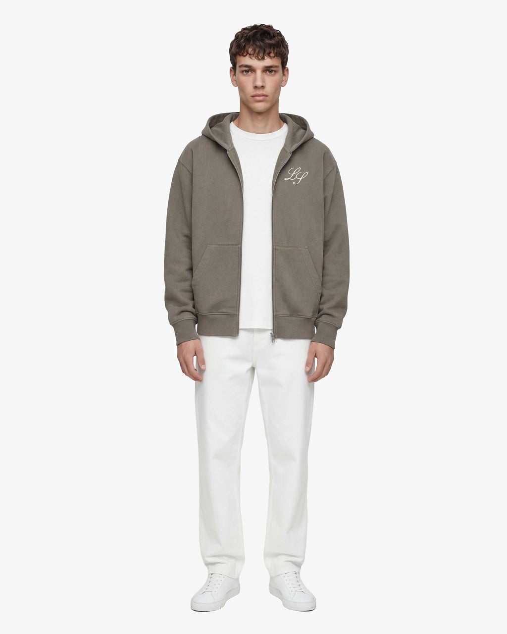 Men's grey hooded zip hoodie with front pockets and chest monogram