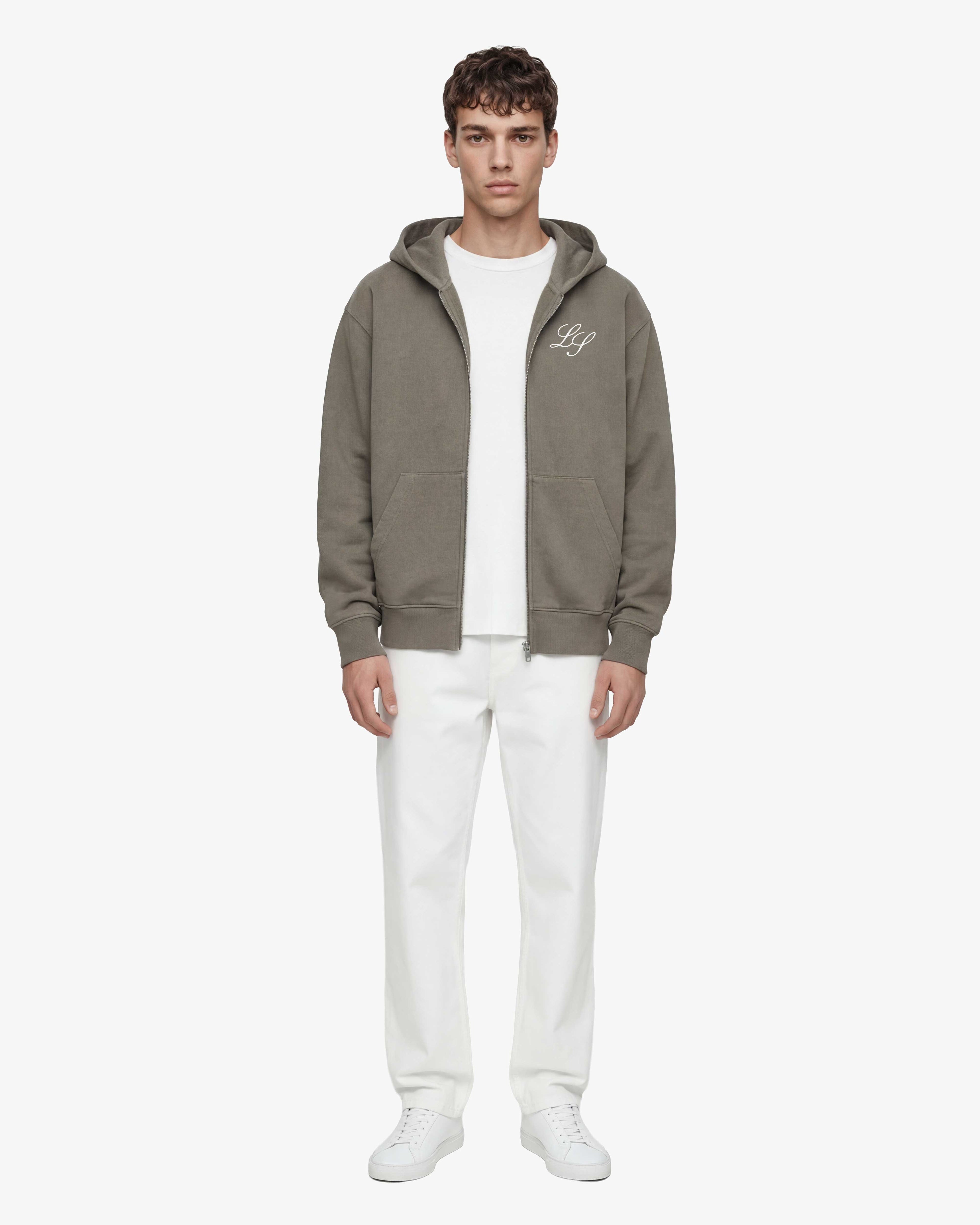 Men's grey hooded zip hoodie with front pockets and chest monogram