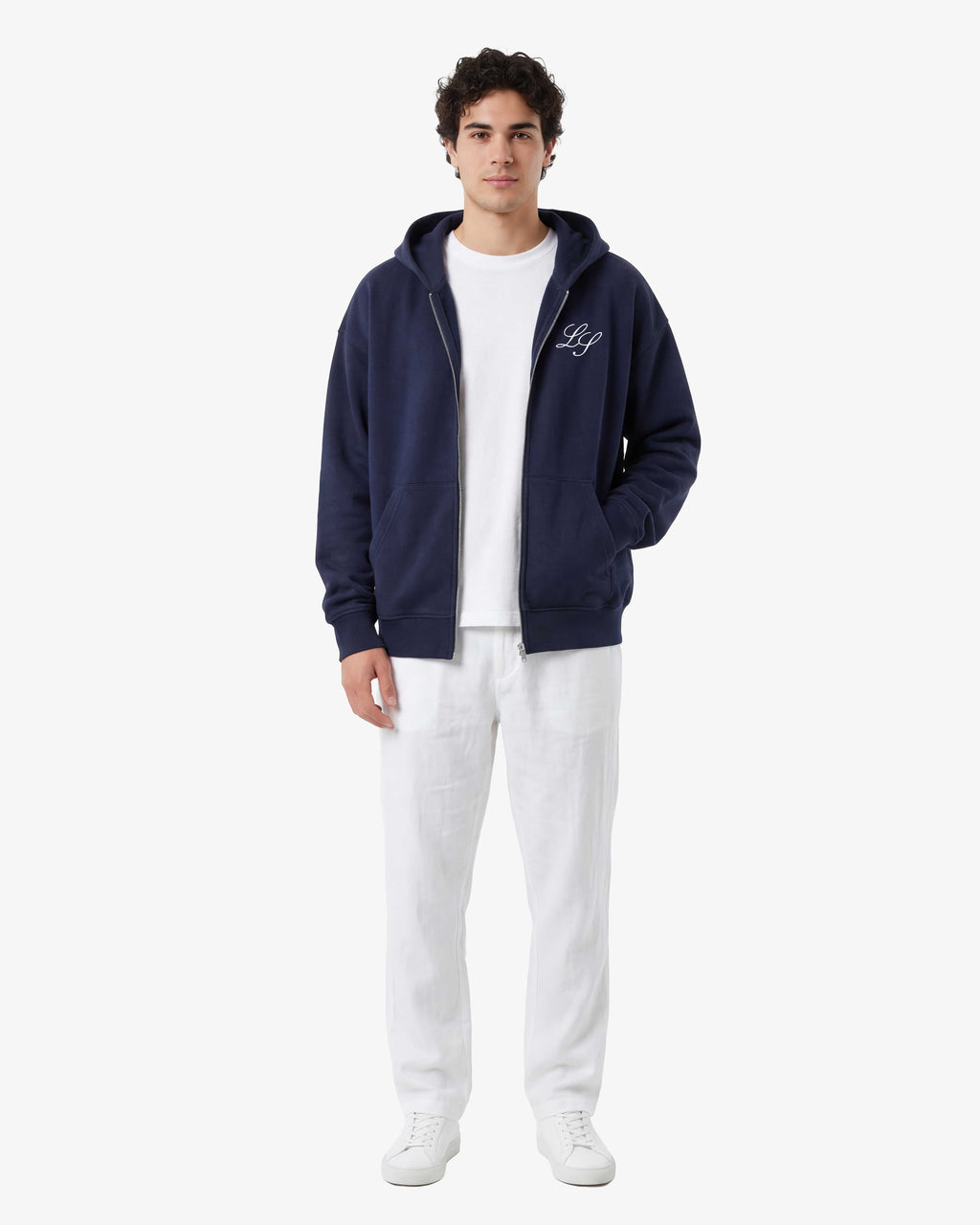 Men's navy full-zip hoodie with front pockets