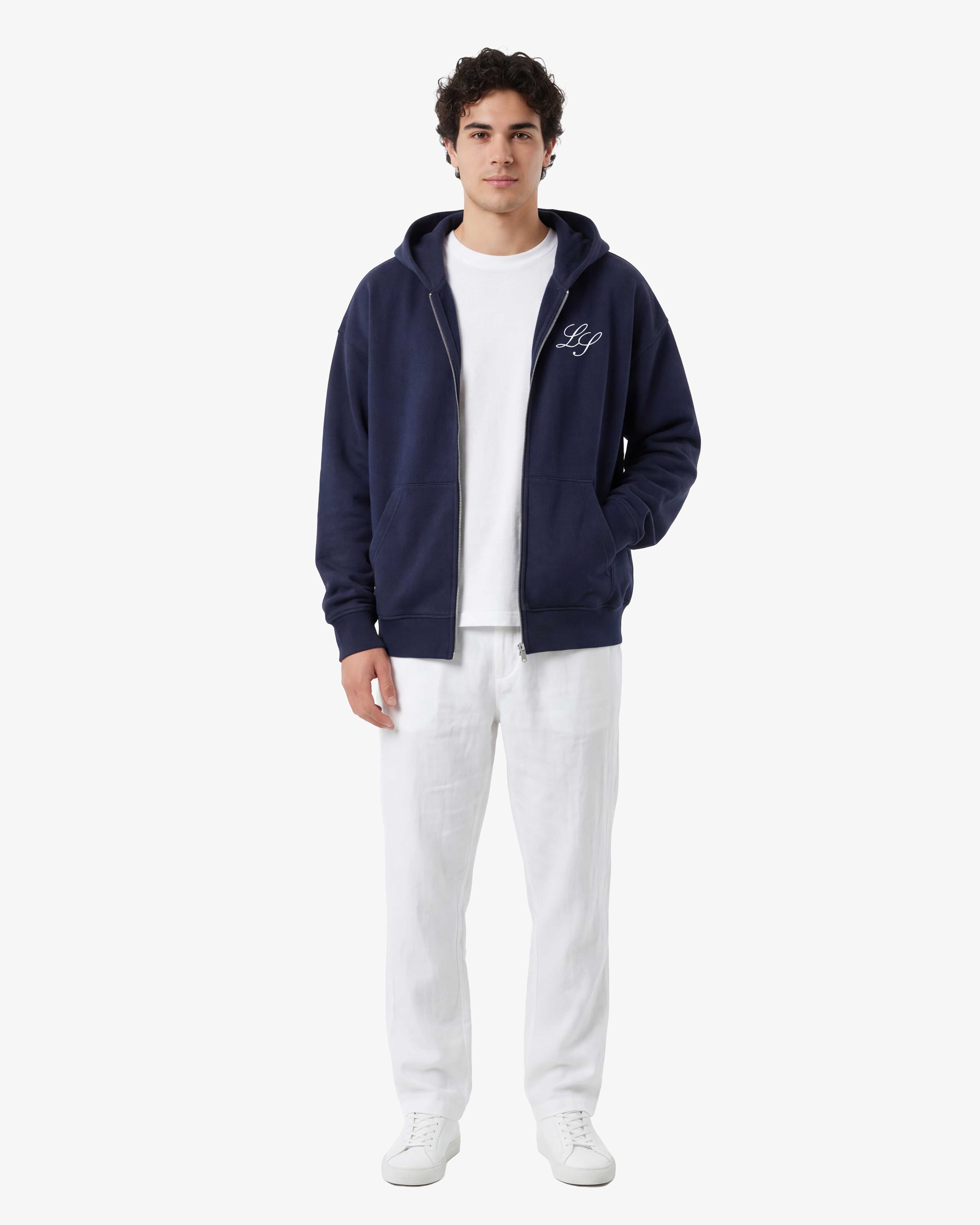 Men's navy full-zip hoodie with front pockets