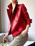 Women's red button front jacket with wide lapels and long sleeves