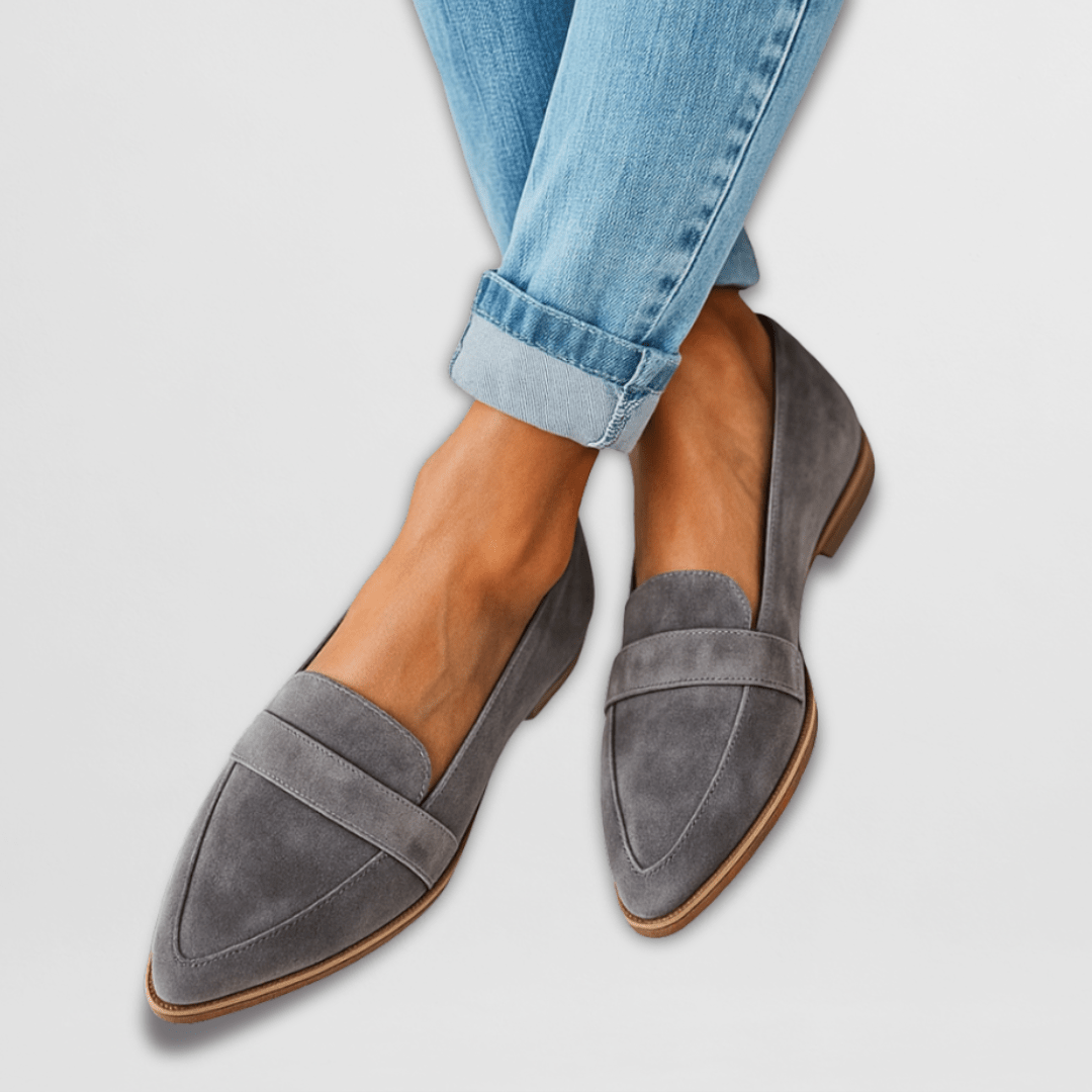 Women's pointed-toe slip-on loafers with vamp trim and low heels