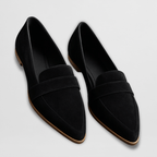 Women's pointed-toe slip-on loafers with vamp trim and low heels