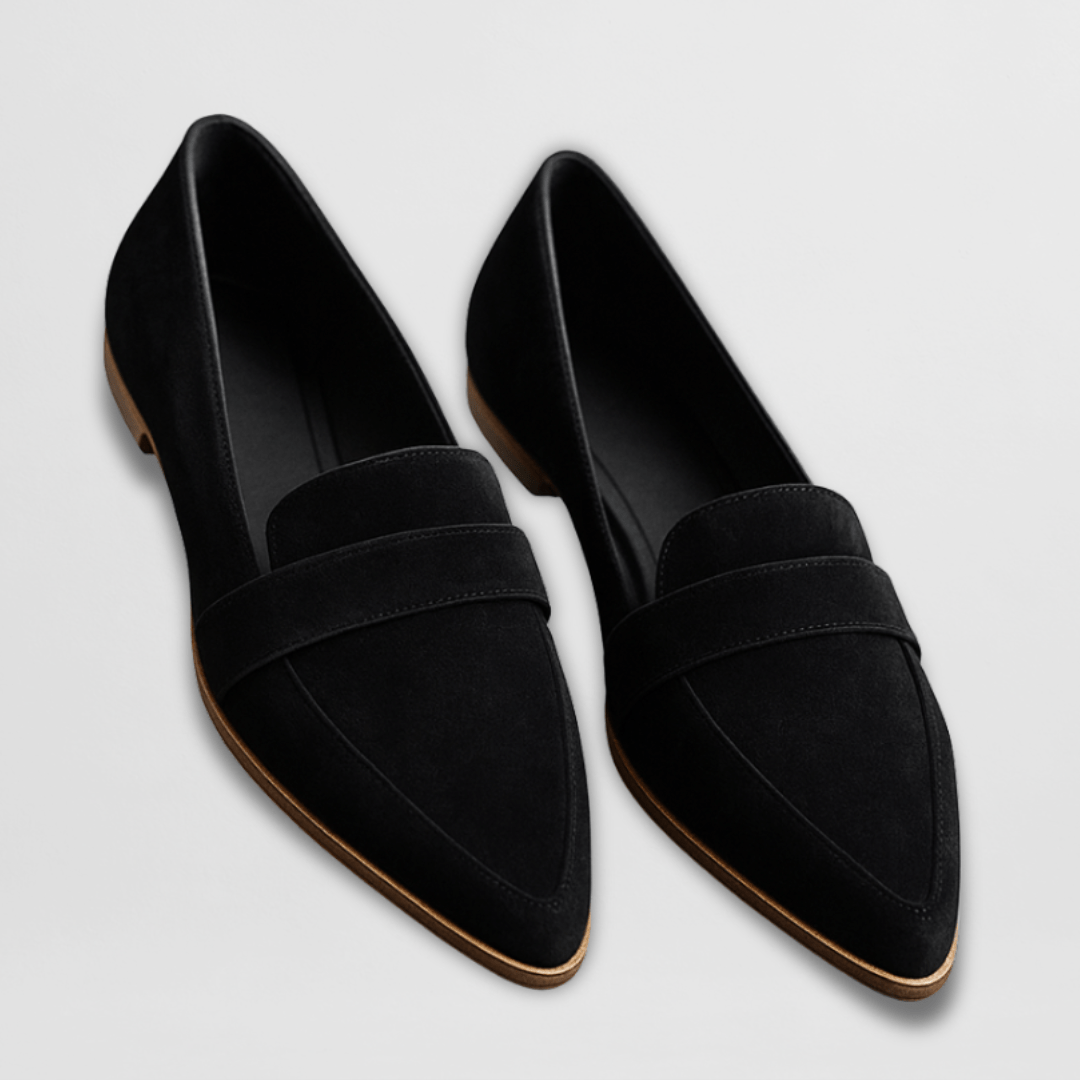 Women's pointed-toe slip-on loafers with vamp trim and low heels