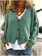 Women's long-sleeve V-neck button cardigan shown in multiple colours
