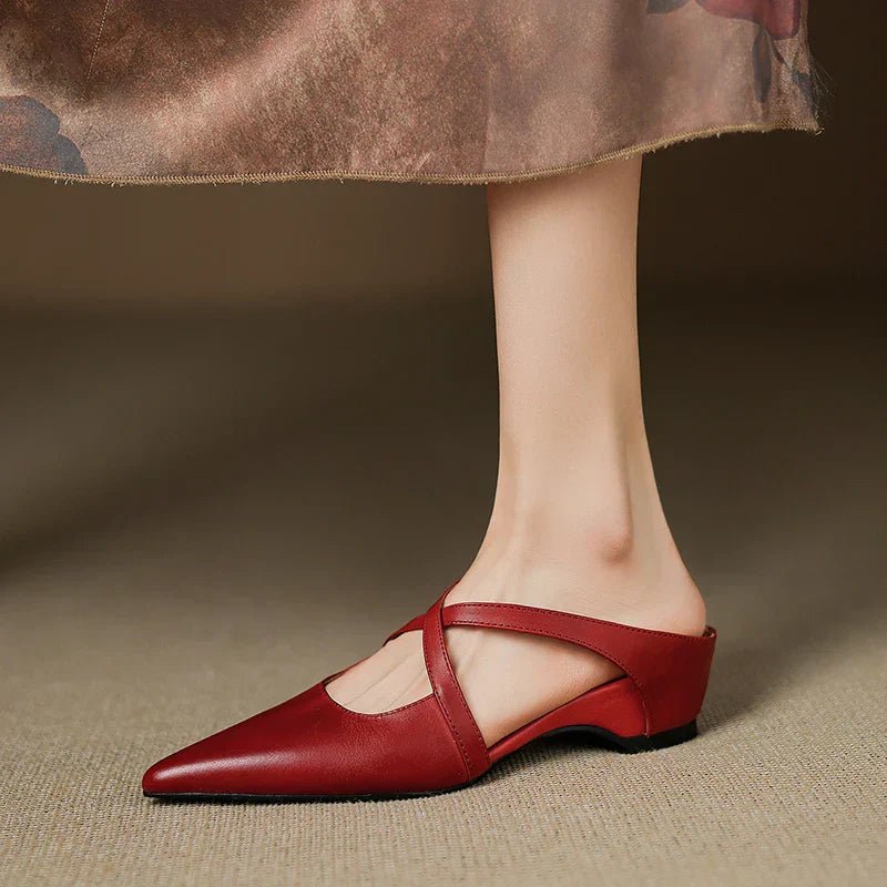 Women's pointed mule shoes with crossed straps and low wedge heels