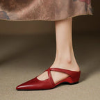Women's pointed mule shoes with crossed straps and low wedge heels