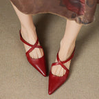 Women's pointed mule shoes with crossed straps and low wedge heels