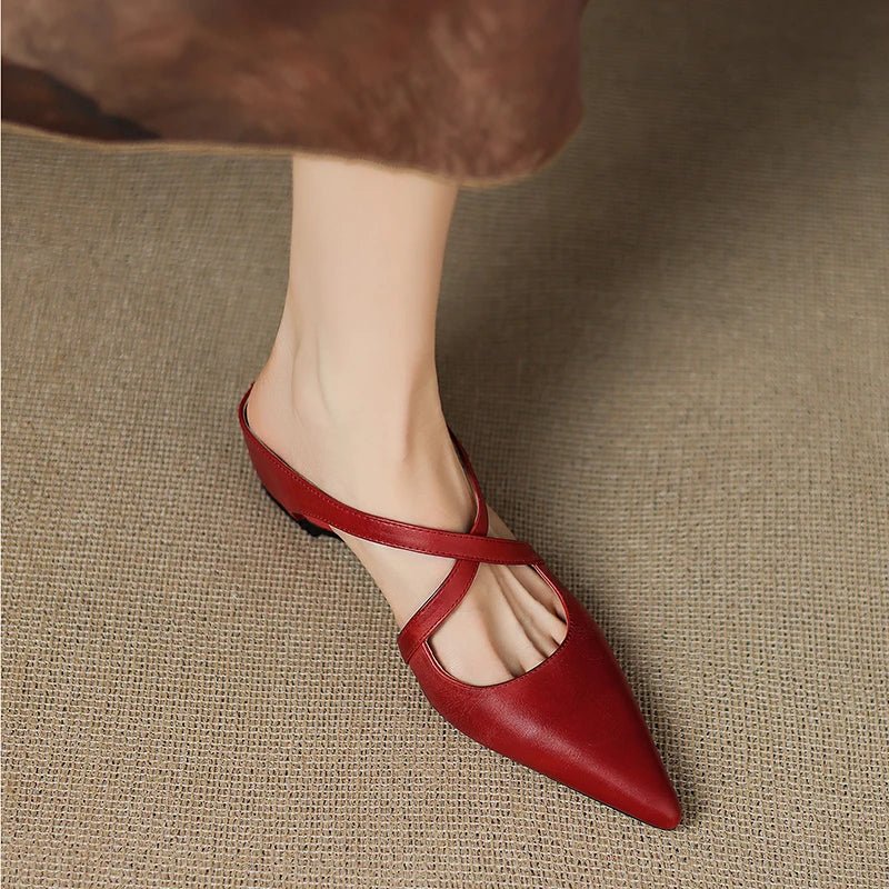 Women's pointed mule shoes with crossed straps and low wedge heels