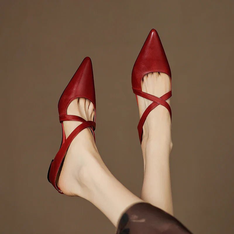 Women's pointed mule shoes with crossed straps and low wedge heels