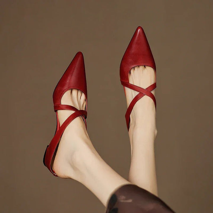 Women's pointed mule shoes with crossed straps and low wedge heels