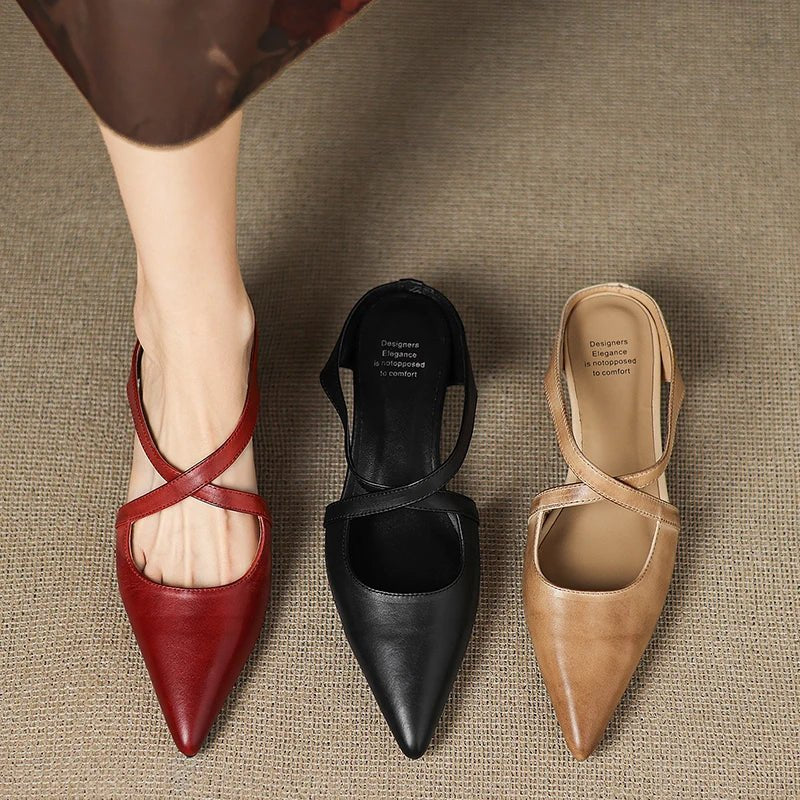 Women's pointed mule shoes with crossed straps and low wedge heels