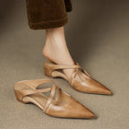 Women's pointed mule shoes with crossed straps and low wedge heels